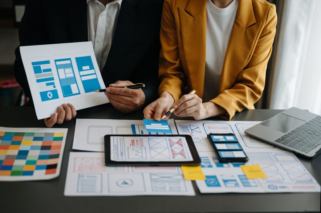 UX graphic designer planning application process development prototype wireframe for web smart phone