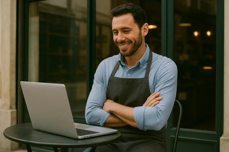 Business owner improving online reputation with positive Google reviews - Heavy Duty Advertising