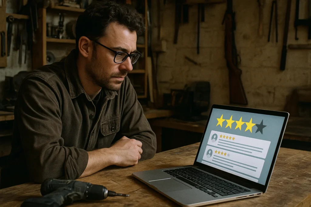 Business owner managing Google reviews to boost online reputation - Heavy Duty Advertising