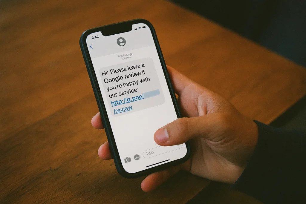 Text message being sent to customer requesting a 5-star Google review - Heavy Duty Advertising