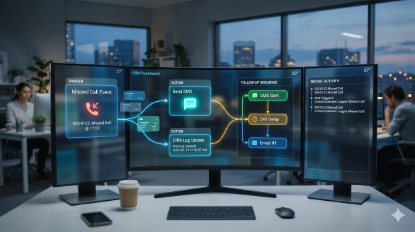 Automated missed call follow up system showing CRM integration and instant customer response workflows