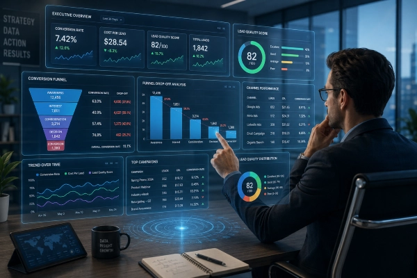 Analytics dashboard tracking website lead generation performance and conversion metrics