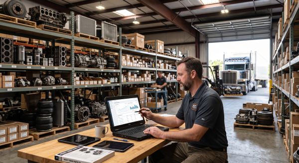 A heavy-duty truck parts manager works on a laptop at a desk within a large warehouse, surrounded by stocked shelves of engine and mechanical components. In the background, a semi-truck is visible through an open loading bay door.
