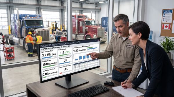 Heavy-duty repair shop team reviewing AI marketing implementation and lead performance