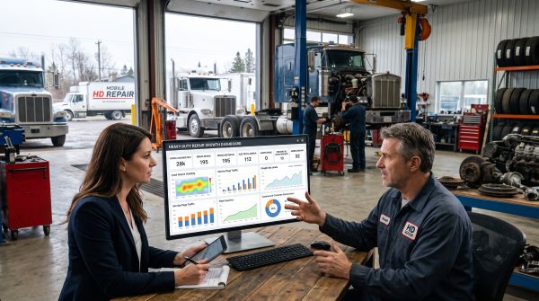 A marketing specialist and heavy-duty repair shop owner reviewing a digital marketing dashboard on a large monitor inside an active commercial truck repair facility.