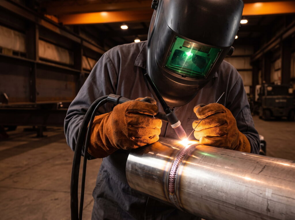 Certified TIG welder performing precision stainless steel pipe welding with bright arc visible, close-up showing weld puddle and professional technique