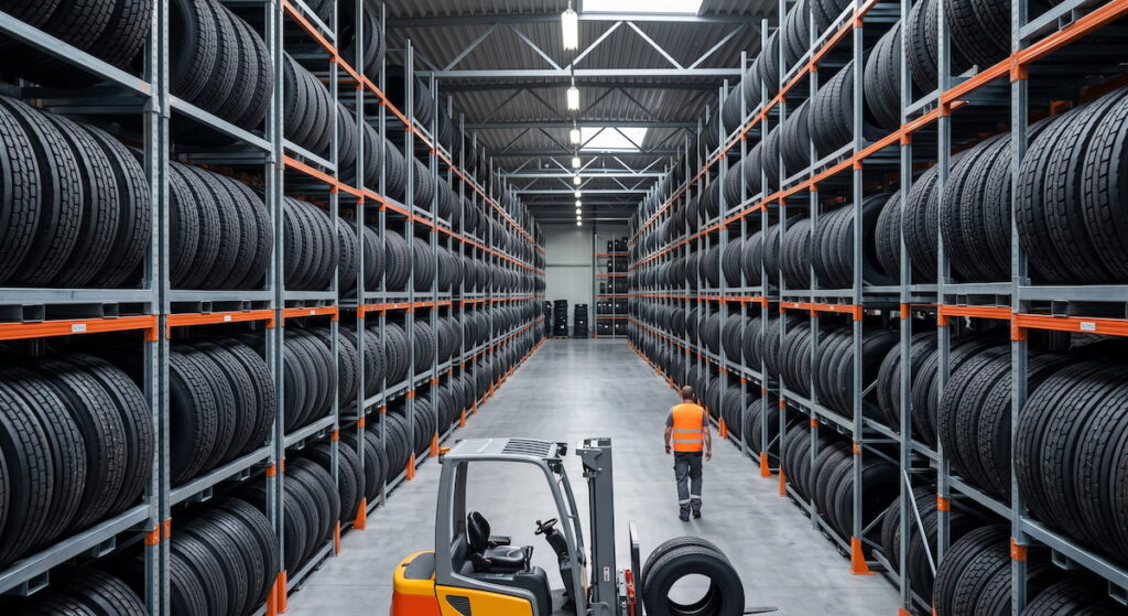 Commercial tire shop inventory warehouse with rows of large truck tires stacked on floor-to-ceiling steel racking