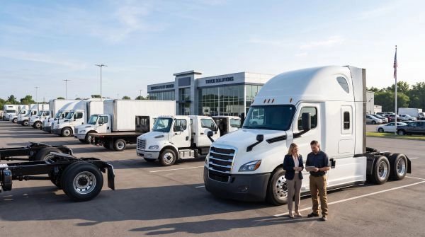 Commercial truck dealership showcasing heavy-duty vehicles and digital sales opportunities to generate more commercial truck leads.