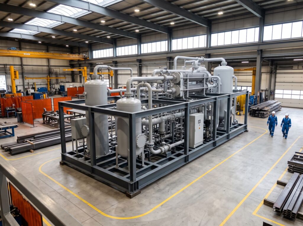Completed large-scale industrial fabrication project — custom steel process skid or pressure vessel on fabrication shop floor ready for delivery