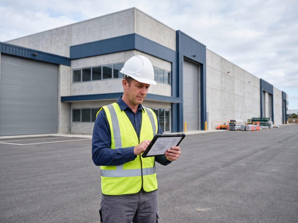 Construction project manager in hard hat and hi-vis vest reviewing project documentation on tablet in front of completed industrial facility