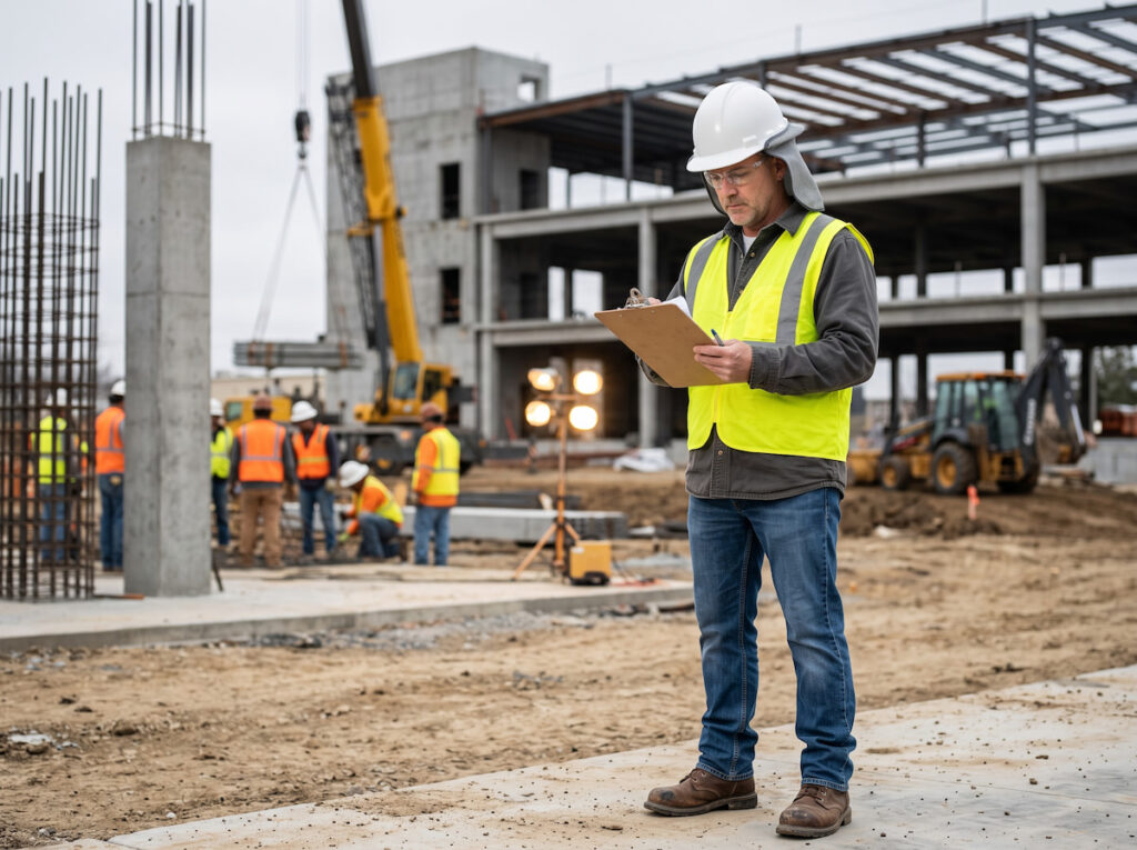 Construction safety officer in full PPE conducting a site inspection with clipboard on an active commercial construction site