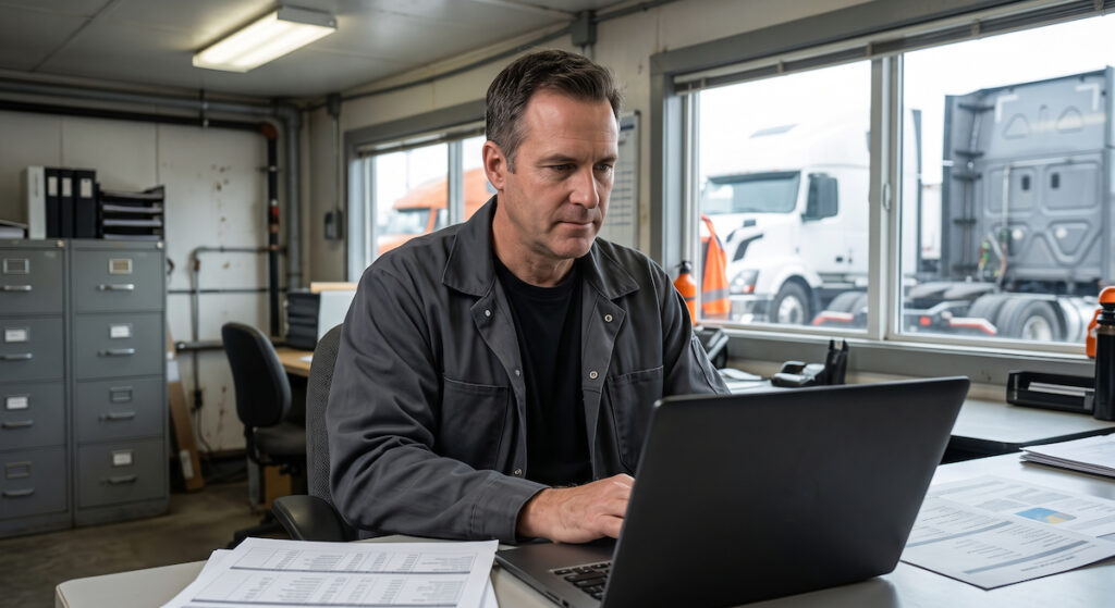 Fleet maintenance manager reviewing a commercial tire program proposal on a laptop in a transport company fleet office