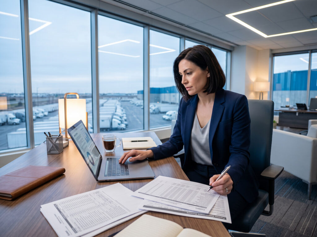Supply chain manager reviewing carrier proposals and compliance documentation on a laptop at a corporate logistics office