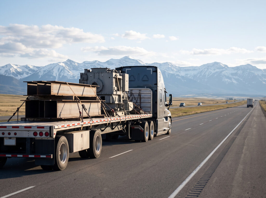 Class 8 semi-truck hauling a flatbed load of industrial steel on a Western Canada highway through a prairie landscape