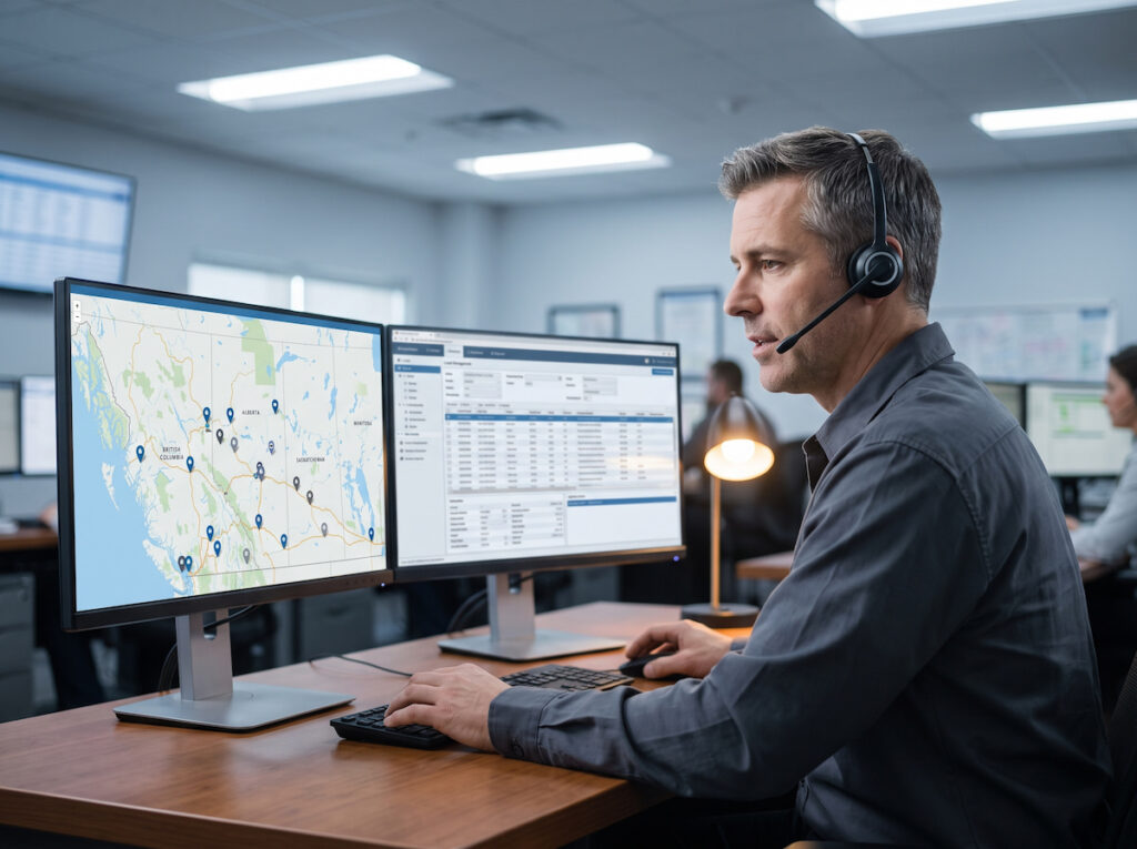 Freight dispatcher coordinating loads at a transport company dispatch centre with dual monitor displays showing route maps and load management