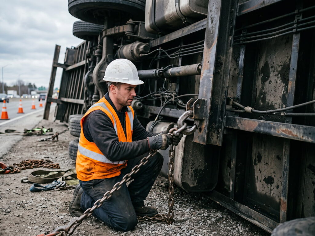 Heavy recovery technician in hi-vis vest and hard hat attaching recovery rigging to the frame of an overturned commercial vehicle at a roadside incident