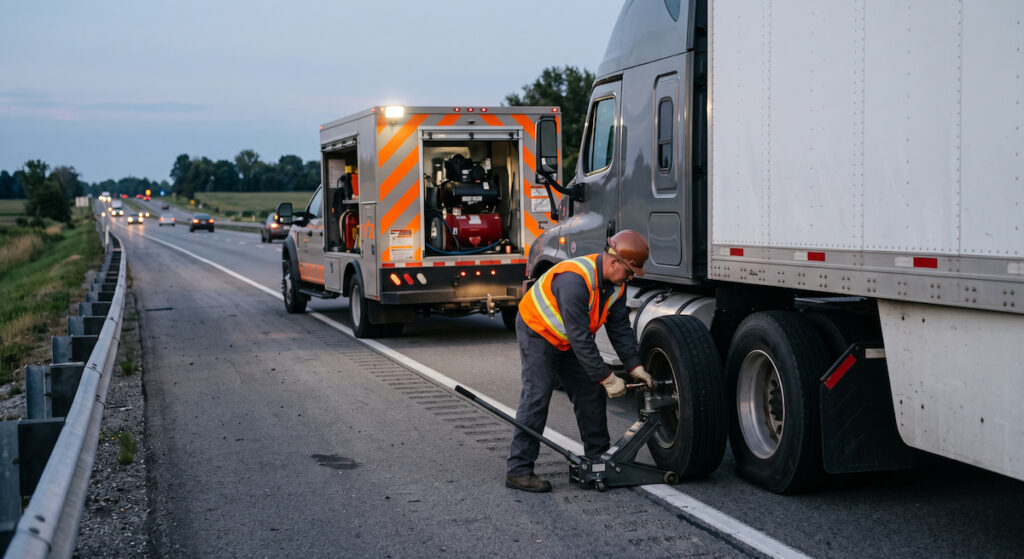 Mobile commercial tire service technician repairing a flat drive tire on a semi-truck pulled over on a highway shoulder
