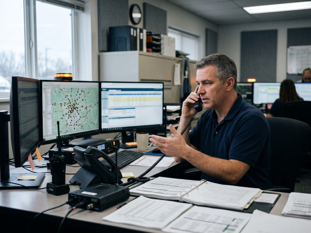 Motor carrier dispatcher managing an active commercial vehicle recovery situation from a professional dispatch centre with monitor displays and communication equipment