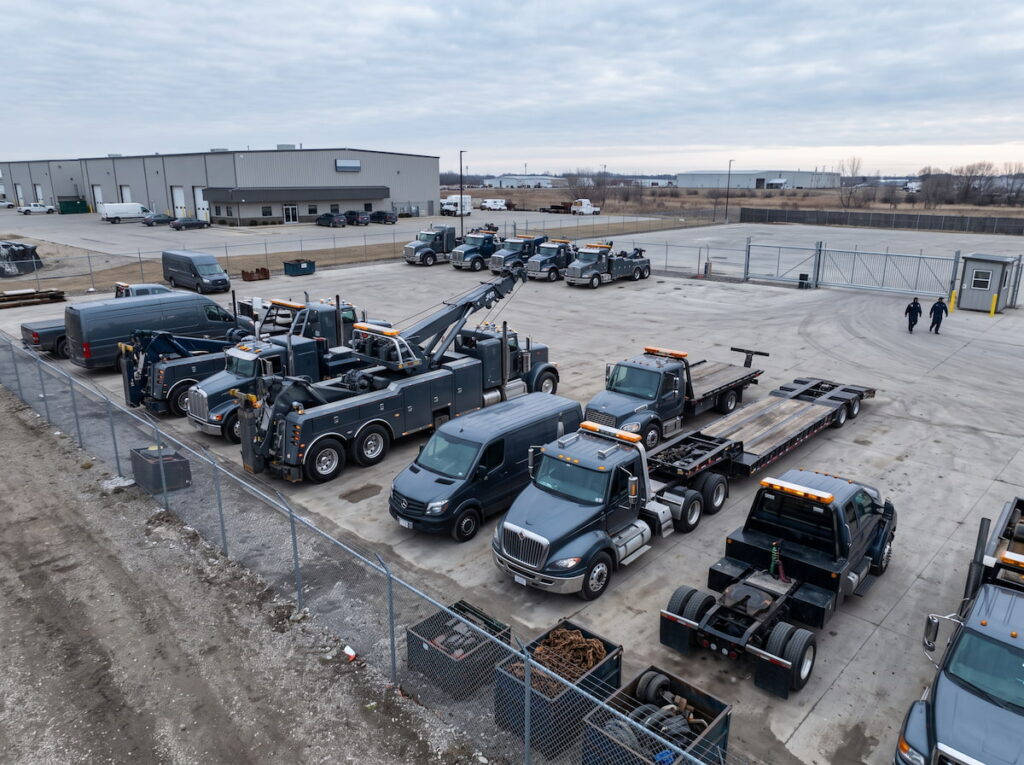 Professional towing and heavy recovery yard with rotator, heavy wrecker and landoll units parked in organized rows at a commercial recovery operation
