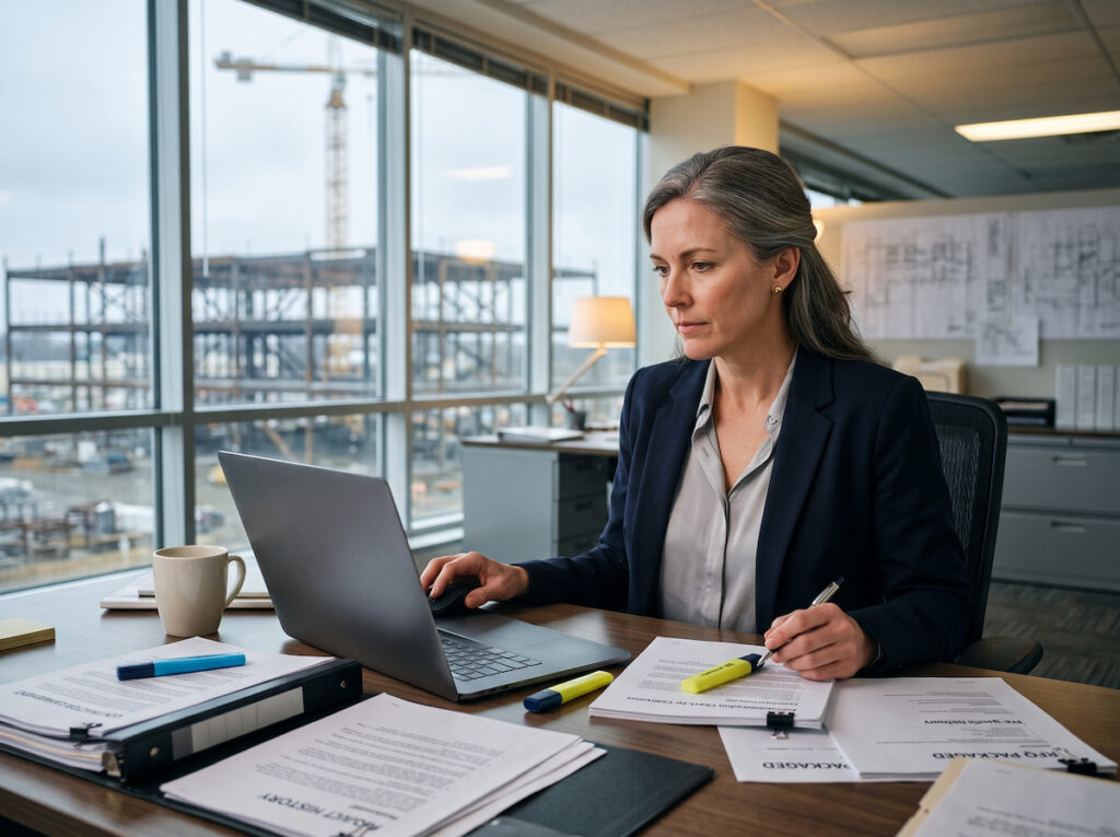 Project manager reviewing contractor pre-qualification documents and search results on a laptop in a construction company office