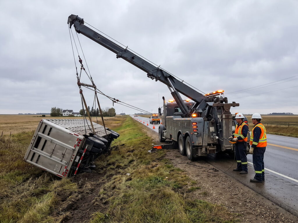 Rotator recovery truck with extended boom rigging an overturned commercial trailer in a highway ditch during a daytime heavy recovery operation
