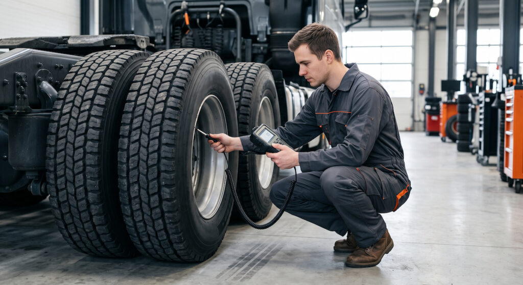Tire technician using a TPMS diagnostic tool to check tire pressure sensors on the drive axle of a commercial semi-truck