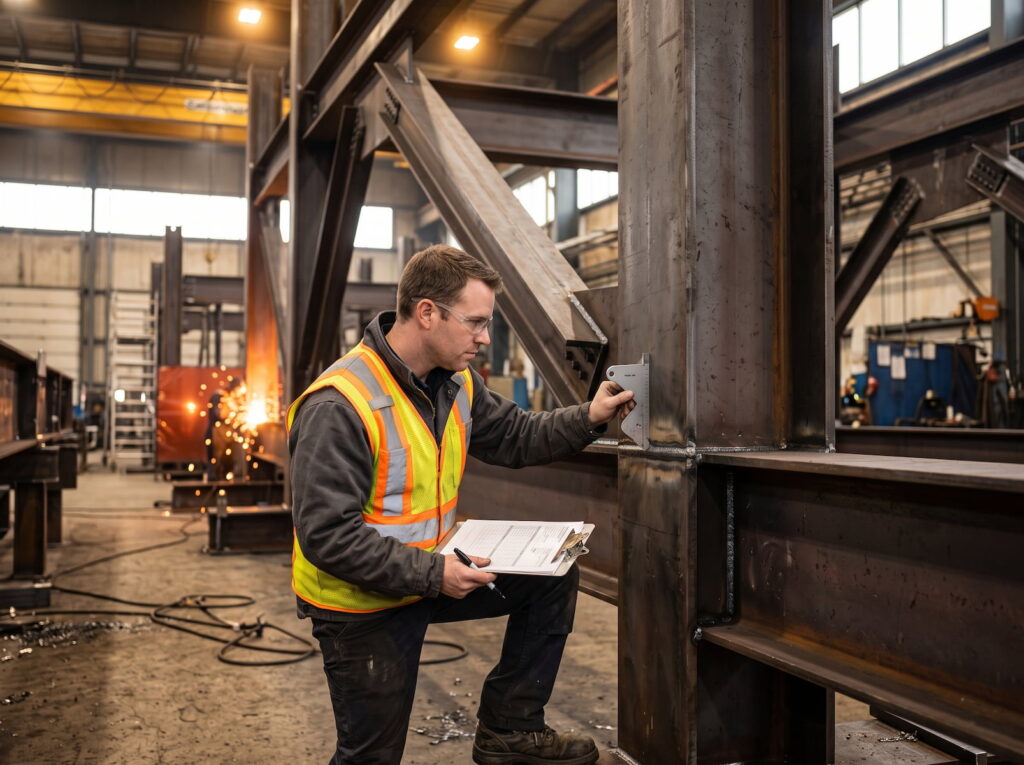 Welding quality inspector with gauge and clipboard performing visual weld inspection on large fabricated steel structure in professional fabrication shop