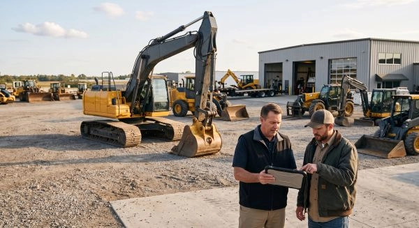 Heavy equipment marketing for equipment sales and rentals in a professional dealership yard